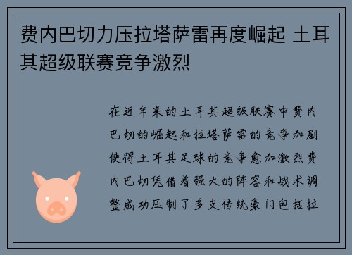 费内巴切力压拉塔萨雷再度崛起 土耳其超级联赛竞争激烈